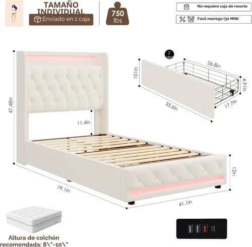 Miniatura 2 de HIFIT Marco de cama tapizada tamaño individual LED con cabecera de estación de carga y 4 cajones de almacenamiento, marcos de cama de plataforma
