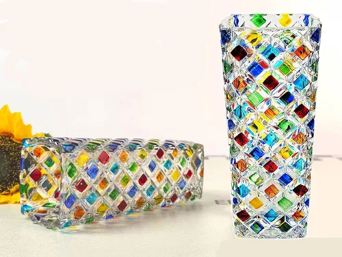 Miniatura 2 de Florero de cristal a cuadros colorido, florero cristalino multicolor brillante del diamante pintado a mano