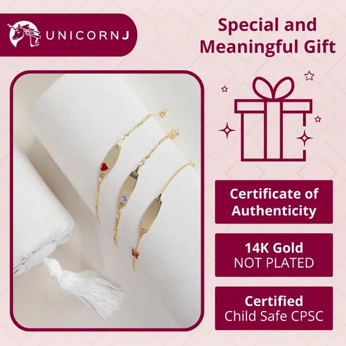 Miniatura 26 de UNICORNJ Pulsera de identificación de oro de 14 quilates grabable para niñas, niños y bebés, pulseras personalizadas con nombre de cadena Figaro