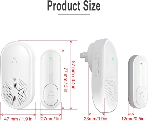 Miniatura 8 de Timbre inalámbrico con 5 receptores, 2 botones, timbre impermeable IP55, timbre remoto de 1000 pies/984.3 ft, 55 campanas de 5 volumen, LED