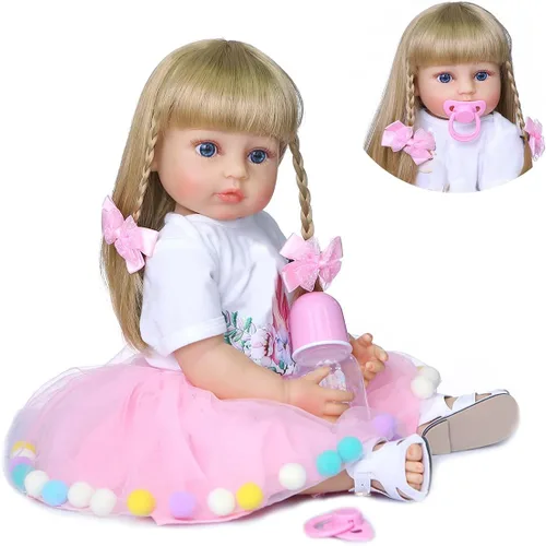 Muñecas de bebé Reborn de 22 pulgadas, cabello rubio, cuerpo completo, vinilo de silicona, ojos azules, vestido rosa, unicornio para niñas, regalos