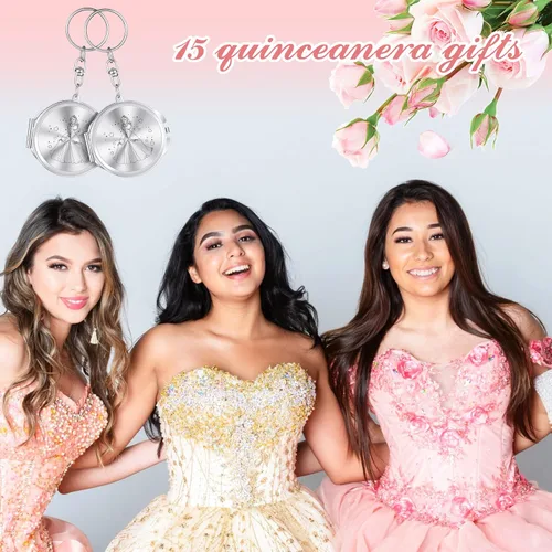 Miniatura 4 de Nosiny 100 juegos de recuerdos de fiesta de quinceañera para invitados, llavero compacto plateado con bolsa de organza blanca, regalo de cumpleaños
