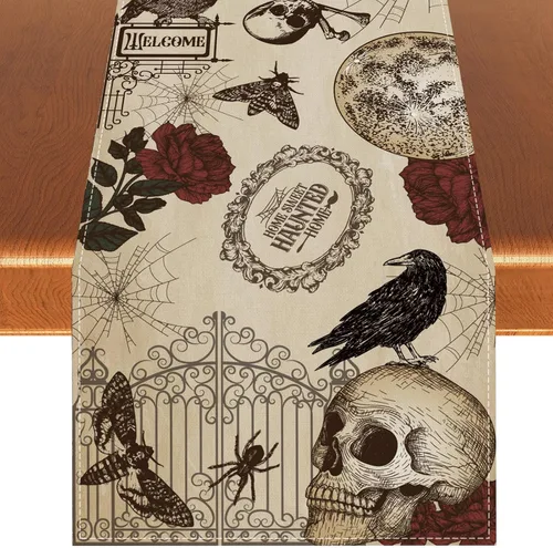 Camino de mesa retro de Halloween, mantel gótico de calavera para Halloween, decoración de calavera y rosas, decoración de Halloween y suministros