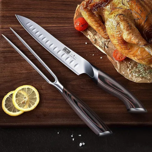 Miniatura 7 de HOSHANHO Juego de cuchillo de rebanar de 8 pulgadas y tenedor de 7 pulgadas, juego profesional de cuchillo de carnicero de acero de alto carbono