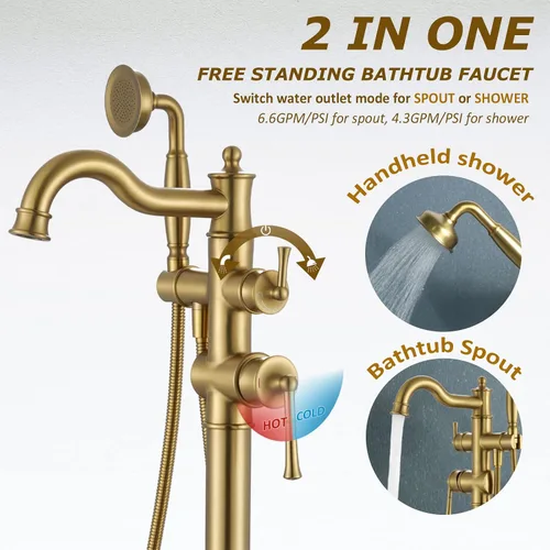 Miniatura 2 de Llenador de bañera independiente con ducha de mano con acabado dorado cepillado, boquilla giratoria con latón áspero y manguera de agua Oro cepillado