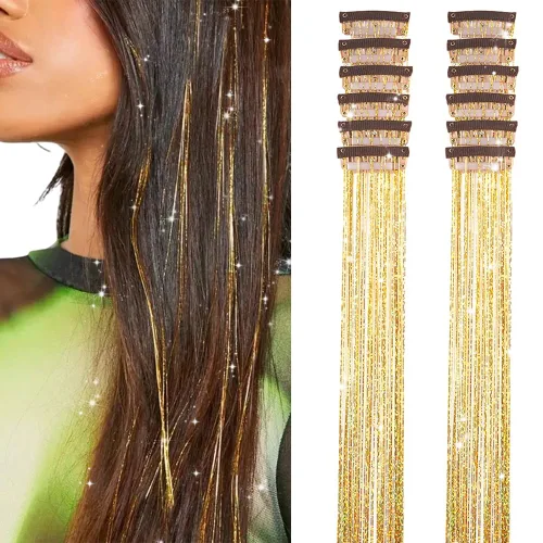 Miniatura 23 de Paquete de 12 extensiones de cabello de oropel con clip, paquete de 12 unidades, 20 pulgadas, extensiones de cabello de oropel con purpurina, negro#