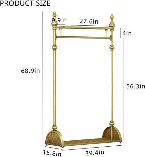 Miniatura 6 de Perchero de ropa dorado, perchero industrial para colgar ropa con estantes dobles independiente, multifuncional, resistente, perchero de metal móvil