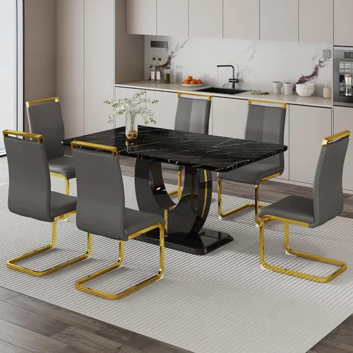 Miniatura 20 de Juego de 6 sillas de mesa de comedor para 6, juego de 6, moderno juego de comedor con mesa de comedor de mármol de 63 pulgadas, sillas tapizadas