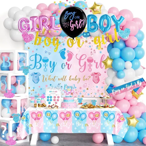 Hombae - 170 piezas de decoraciones para revelación de género “cajas de bebé”, con fondo, guirnalda de globos, pancarta, mantel, para