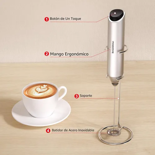 Miniatura 6 de Bonsenkitchen Espumador de leche de mano con soporte, espumador de café eléctrico, varilla espumadora de mano portátil mezclador de bebidas