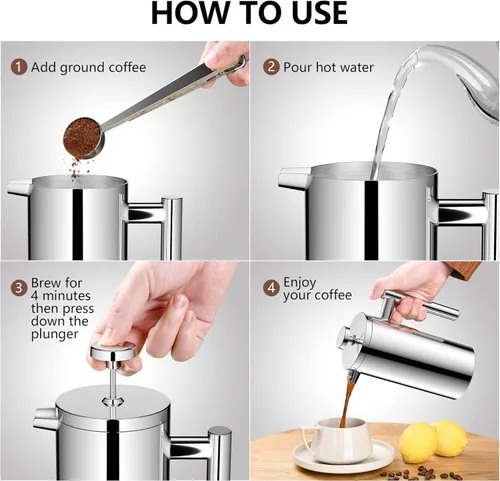 Miniatura 6 de Cafetera de prensa francesa pequeña de 600ml, prensa francesa de acero inoxidable de doble pared para viajes y camping, incluye 2 filtros extra y 1