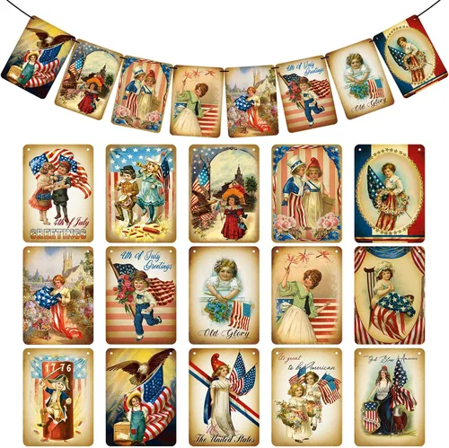 15 piezas de bandera colgante patriótica del Día de la Independencia con cinta roja, decoración vintage del 4 de julio, bandera temática tradicional