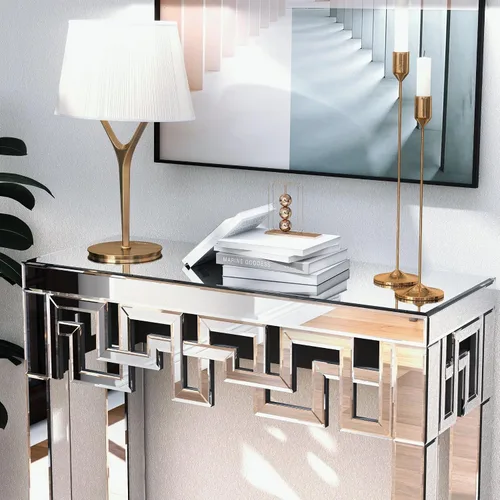 Miniatura 4 de Mesa consola plateada con acabado de espejo, moderna mesa de entrada de cristal, diseño geométrico, 32 pulgadas de ancho, mesa de consola pequeña
