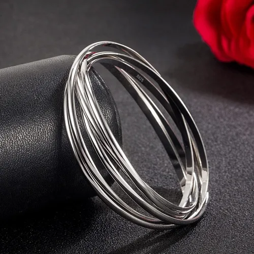 Miniatura 4 de Pulsera de plata de ley 925 para mujer, cinco pulseras apilables de combinación suave de diámetro 60-2.559 -2.677 in de plata maciza en brazalete
