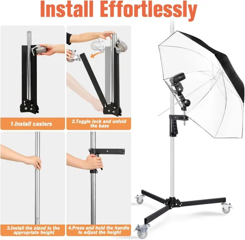 Miniatura 6 de Soporte de luz resistente con ruedas, soporte de agarre de pistola de fotografía con ruedas con 2 empuñaduras, soporte de luz de acero ajustable
