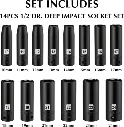 Miniatura 2 de EMENTOL Juego de llaves de vaso de impacto profundo de 1/2", métricas, 6 puntos, CR-V, 14 piezas de 1/2 pulgada Dr. Deep Socket Set, 0.394 in