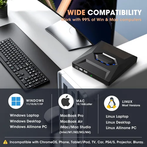 Miniatura 5 de ROOFULL Unidad externa de CD DVD USB 3.0 y USB-C, quemador de CD ROM, reproductor de DVD con USB Hub y lector de tarjeta SD, unidad óptica portátil