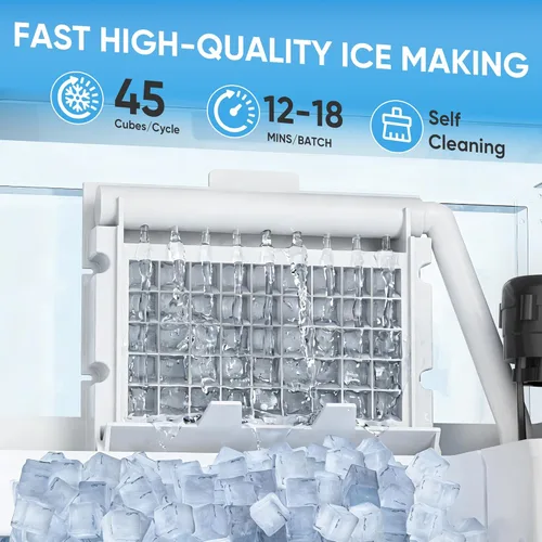 Miniatura 4 de Coolski Máquina de hielo comercial, 200 libras por día, máquina de hielo independiente de acero inoxidable, 45 cubos en 12 minutos, autolimpiante