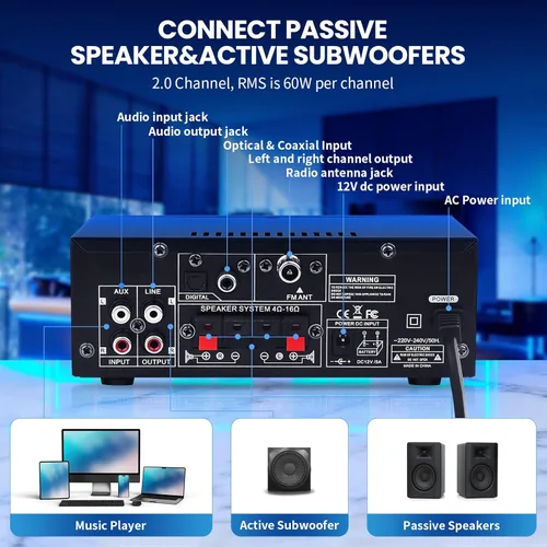 Miniatura 3 de Receptores de amplificador estéreo, BT-398A Bluetooth 5.0 amplificador de audio RMS 60W+60W 2.0 canales Mini amplificadores de sonido Amplificadores