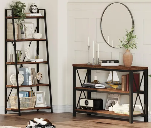 Miniatura 7 de BON AUGURE - Mesa de consola rústica detrás del sofá, mesa industrial de entrada con estantes, mesas de sofá de 3 niveles estilo granja para sala