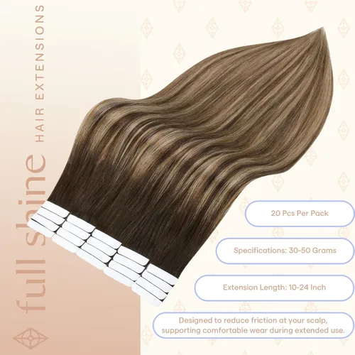 Miniatura 3 de Full Shine - Extensiones adhesivas de cabello humano Remy, 18 pulgadas, color 2 que se funde a rubio caramelo 3 y 27, balayage, 1.76 oz, 20