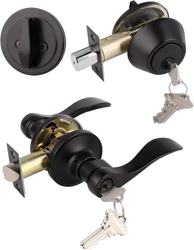 Miniatura 13 de Gobrico Keyd Alike - Manija de puerta de entrada y cerrojo de un solo cilindro en níquel satinado, palanca estilo onda con cerradura y cerrojo