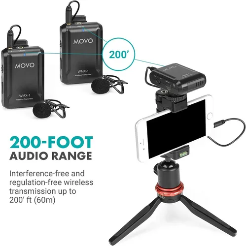 Miniatura 6 de Movo WMX-1 Sistema de micrófono inalámbrico Lavalier de 2.4 GHz compatible con cámaras DSLR, videocámaras, iPhone, teléfonos inteligentes Android