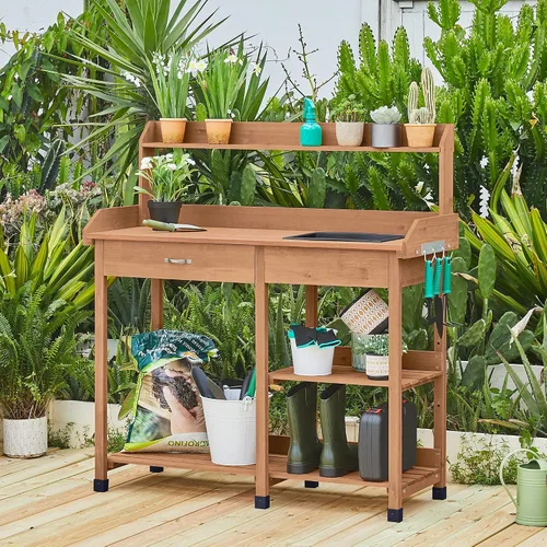 Miniatura 2 de Yaheetech Banco de Jardinería Banco de Trabajo Estación de Plantado Construido en Madera Maciza para Horticultura con Fregadero, Estantes y Cajón