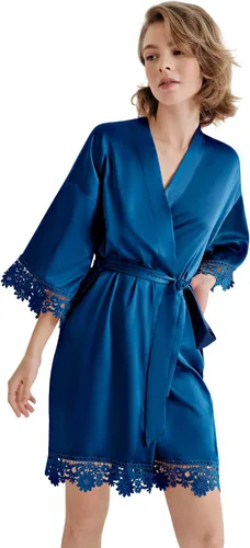 SIORO Bata de satén para mujer, bata de encaje tipo kimono de seda corta para dama de honor, boda, fiesta, camisón estampado, 2, mediano