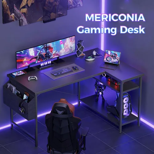 Miniatura 3 de Mericonia Escritorio pequeño en forma de L para computadora con tomas de corriente, escritorio de juegos para espacios pequeños, escritorio