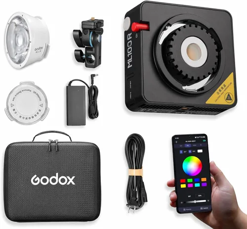 Godox Luz de video LED RGB ML100R 110W, con reflector intercambiable de 15°/1800-10000K CCT/14 efectos FX cinematográficos/múltiples opciones de