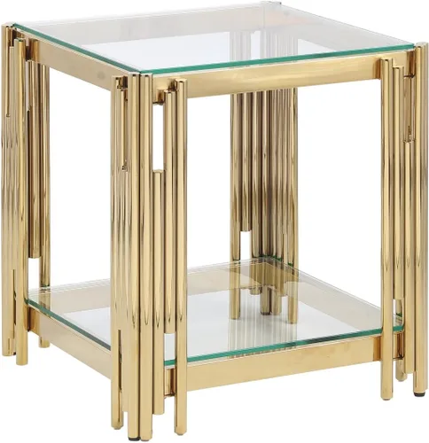 Miniatura 3 de Mesa auxiliar de cristal de 20 pulgadas, mesa de centro dorada para sala de estar, mesa auxiliar ancha de vidrio cuadrada, mesa auxiliar con 2