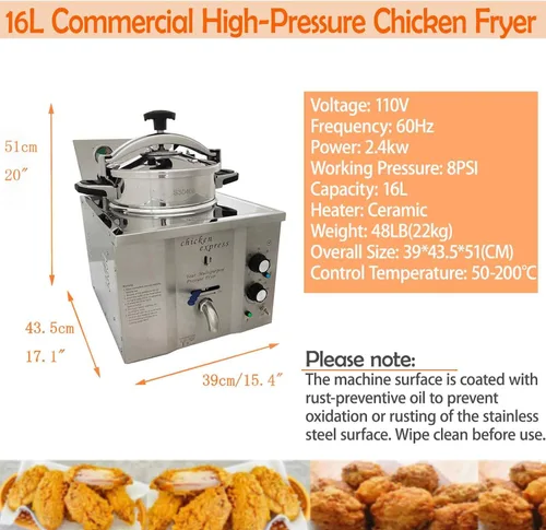 Miniatura 2 de Macheine de pollo frito comercial de alta presión de 16L, máquina de freír eléctrica de cocina profunda con canasta, freidora de presión de acero
