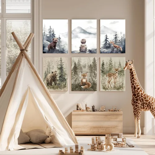 Miniatura 6 de kilamino Arte de pared de bosque neutral con animales salvajes, lindo póster de oso y zorro para guardería, impresiones de póster de aventura
