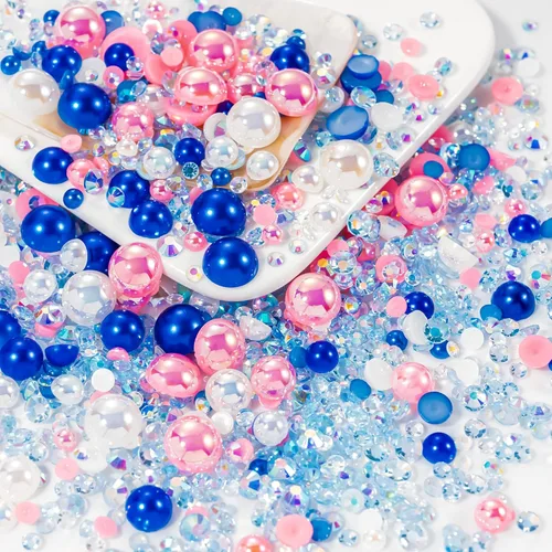 Miniatura 33 de 60g de Perlas Acuamarina Dorada con Diamantes de Imitación para Manualidades Tamaño Mixto 3mm-10mm Color AB Redondas Perlas Medias Planas Conjunto