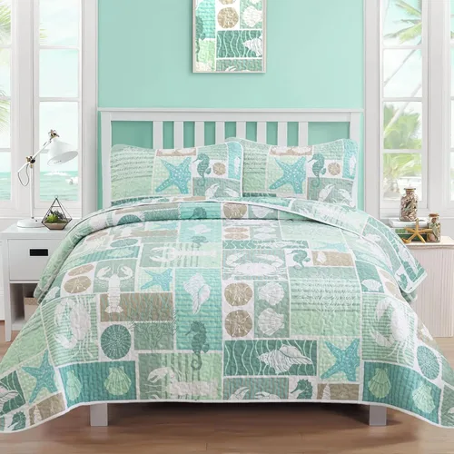 Miniatura 15 de DJY Beach Quilt Set Queen Size,3 Piece Coastal Ocean Summer Bedspread Coverlet Set with 2 Pillow Cases Lightweight Soft Microfiber Nautical Bedding