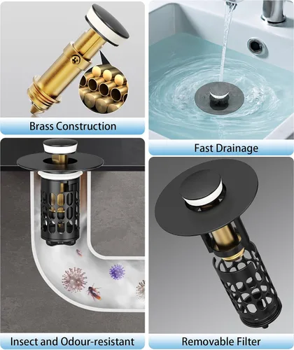 Miniatura 4 de QYHNYJF Tapón de lavabo de baño mejorado con recogedor de pelo, tapón de drenaje universal emergente, sello de acero inoxidable y silicona