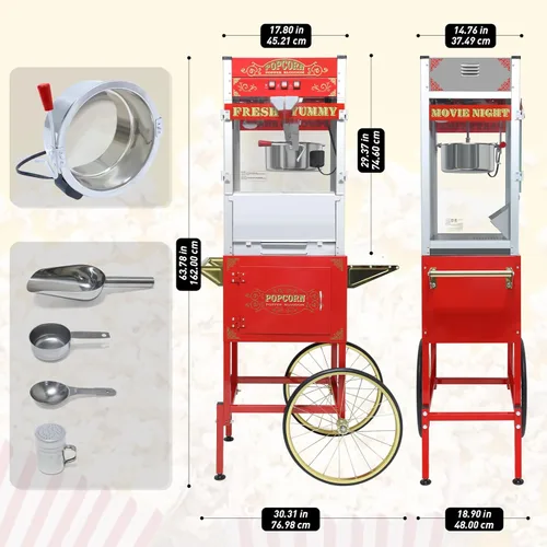 Miniatura 6 de Máquina comercial de palomitas de maíz de 20 onzas con carrito - 100 tazas, hervidor de acero inoxidable, luz de calentamiento - Palomitero portátil