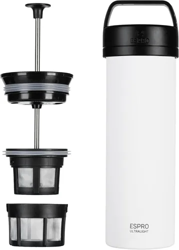 ESPRO P0 Prensa francesa de café ultraligera para viajes, de acero inoxidable con aislamiento al vacío, 16 onzas, blanco tiza Tiza mate blanco