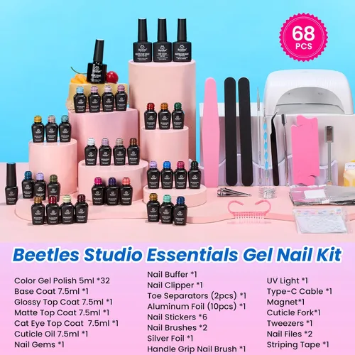 Miniatura 3 de Beetles Deal Box - Kit de esmalte de uñas de gel con luz UV – 32 colores esenciales de estudio, 68 piezas de esmalte de uñas con capa base libre