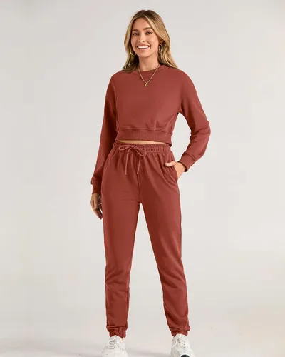 Miniatura 20 de BTFBM Conjunto deportivo de 2 piezas para mujer, camiseta corta de manga larga, sin botones, pantalón con cordón ajustable, pantalones deportivos