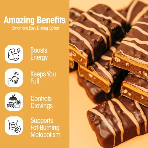 Miniatura 8 de Barra de proteínas WonderSlim para reemplazo de comida, Caramelo y Cacao, 15g de proteína, 20 vitaminas y minerales, sin gluten (7 unidades)