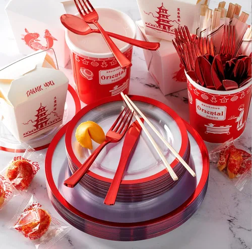 Miniatura 5 de By Madee Premium - 100 platos de plástico transparente y rojo para fiesta, 50 platos de cena y postre con ribete metálico, extra pesados, 30% más