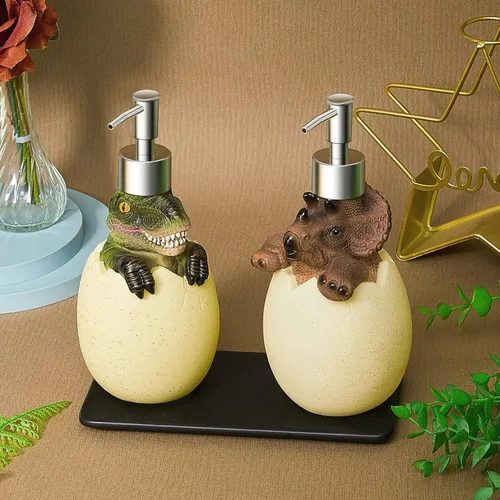 Miniatura 5 de Dispensador de jabón de dinosaurio, 2 piezas, dispensador de jabón para niños, lindo dinosaurio, accesorios de baño, loción de ducha de animales