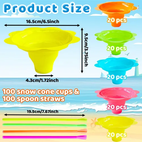 Miniatura 2 de Haawooky 200 tazas de cono de nieve en forma de flor colorida de 8 onzas con cucharas y pajitas, vasos de plástico para goteo de hielo afeitado