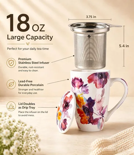 Miniatura 2 de AmorArc Taza de té de porcelana de 18 onzas con infusor y tapa, taza de té de hojas sueltas con colador de acero inoxidable, taza de café grande