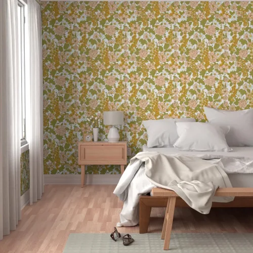 Miniatura 5 de Papel tapiz autoadhesivo para despegar y pegar, papel tapiz vintage de los años 70 con diseño floral retro bohemio, rosa y verde, papel tapiz