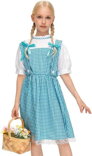 Girls Halloween Clothing Blue Gingham Puff Sleeves Midi Dress Outfit with Hair Bows 5-14 Years