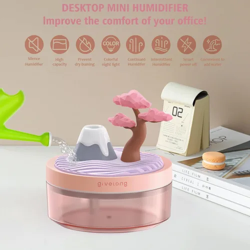Miniatura 3 de PRATIQUE Mini humidificadores portátiles de escritorio para dormitorio, humidificador pequeño con cerezo, niebla silenciosa, fría, apagado Rosa