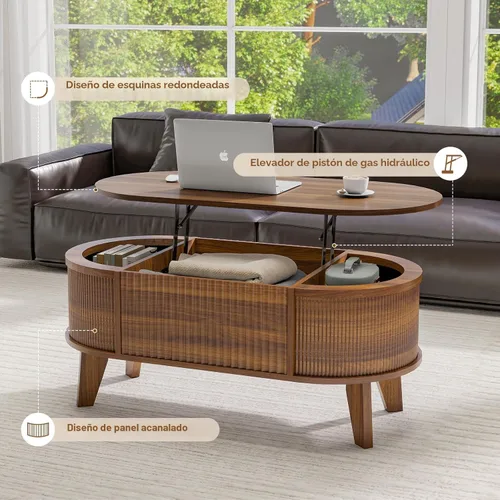 Miniatura 5 de LYNCOHOME Mesa de Centro con Tapa Elevable Acanalada con Almacenamiento, Mesa de Centro Ovalada Moderna para Sala de Estar u Oficina en Casa (Nogal)
